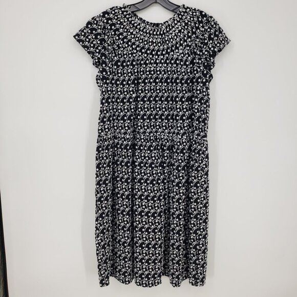 3/$25 LOFT Embroidered Eyelet Lace Swing Dress L Smocked Yoke A Line Black - Picture 1 of 10
